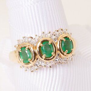 Vintage Ladies' 14kt Yellow Gold Emerald and Diamond Ring, Size 7  Birthday Gift